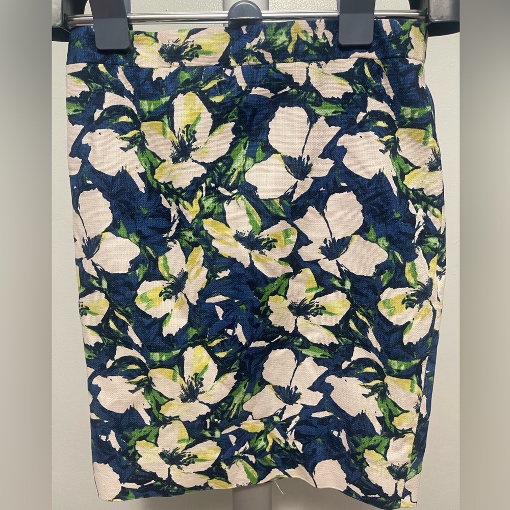 J CREW Dark Blue/Cream Floral Lined Cotton The Pencil Skirt Size 4